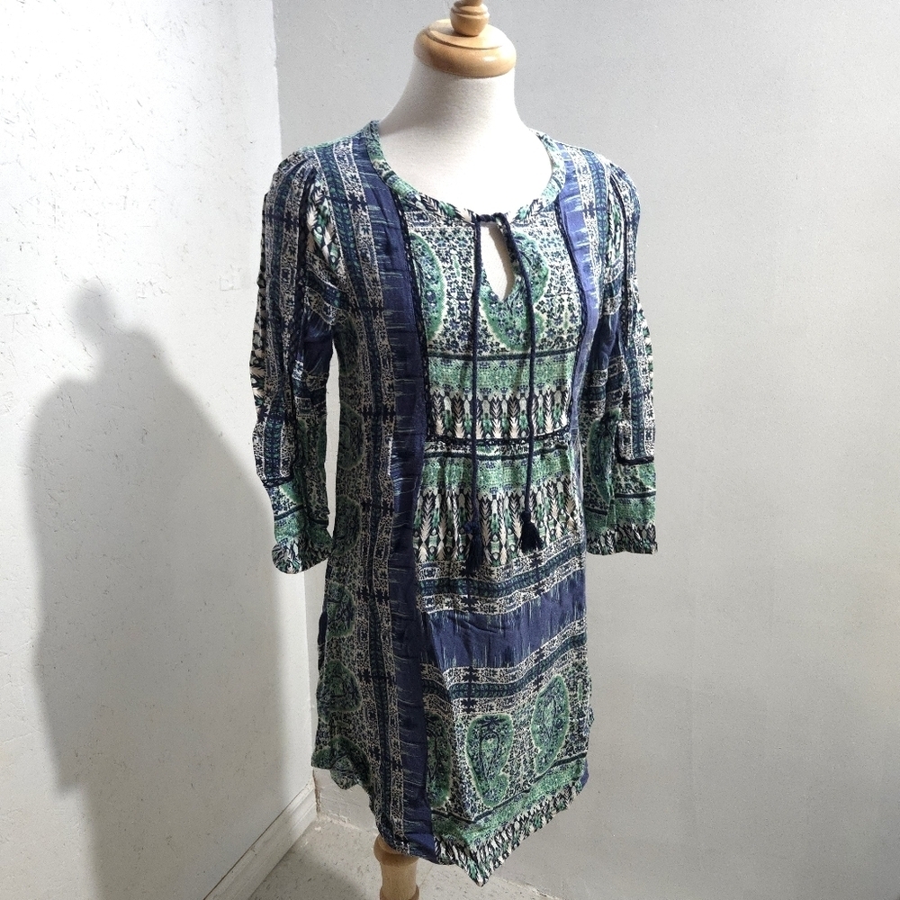 Lucky Brand | Blue and Green Patterned Long Top With Tassles